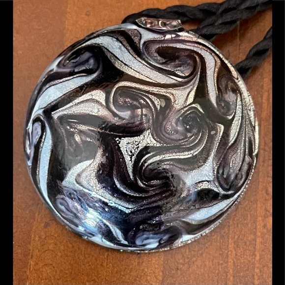 Stylish Murano Style Glass Black and Silver Swirled Pendant on Rope Necklace - Picture 4 of 5